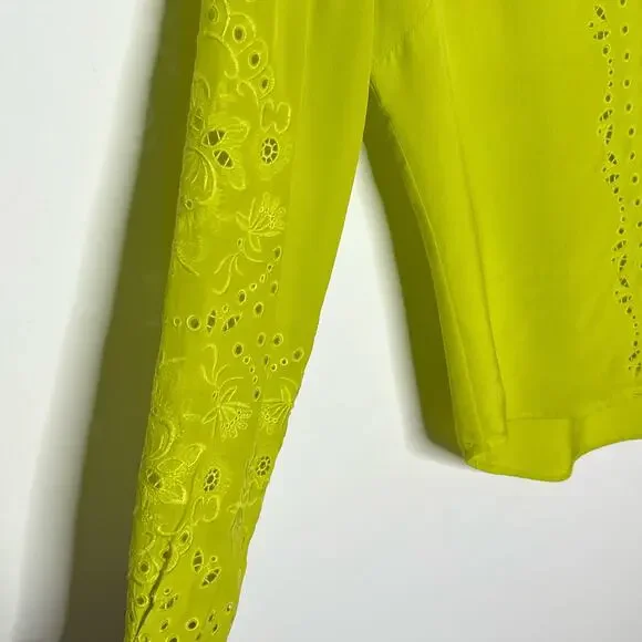Veronica Beard Womens Long Sleeve Silk Blouse 0 Green Floral Embroidered V Neck - Picture 7 of 16